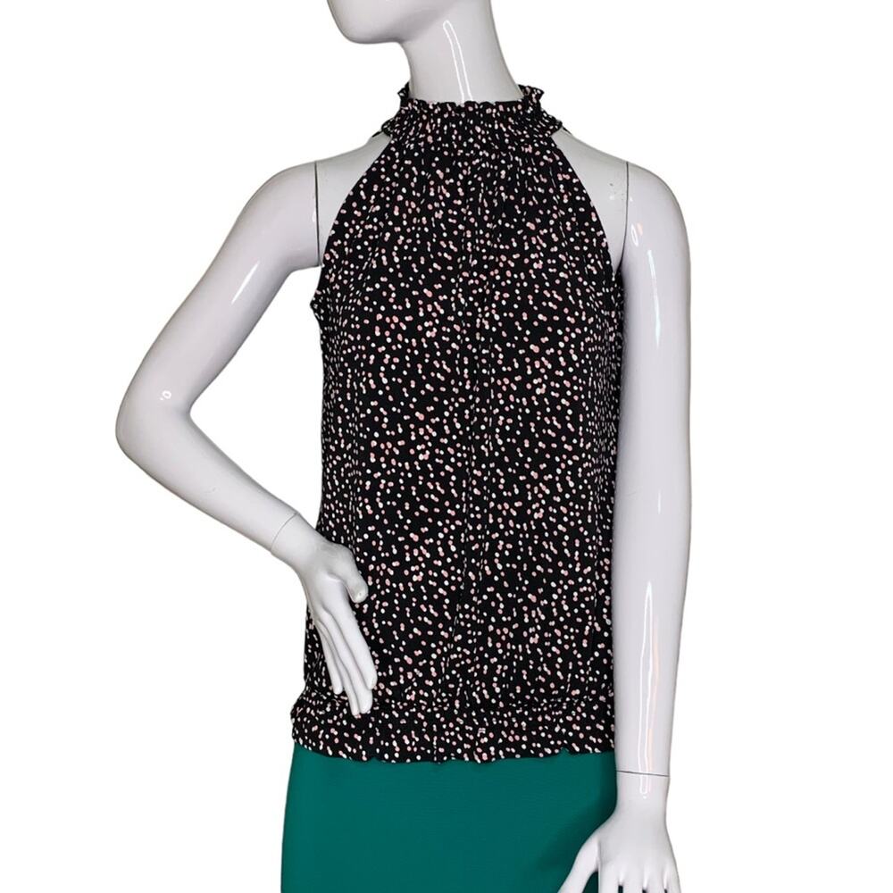 Adrianna Papell Top Smock Neck Halter Sleeveless Black White Pink Polka Dot XS